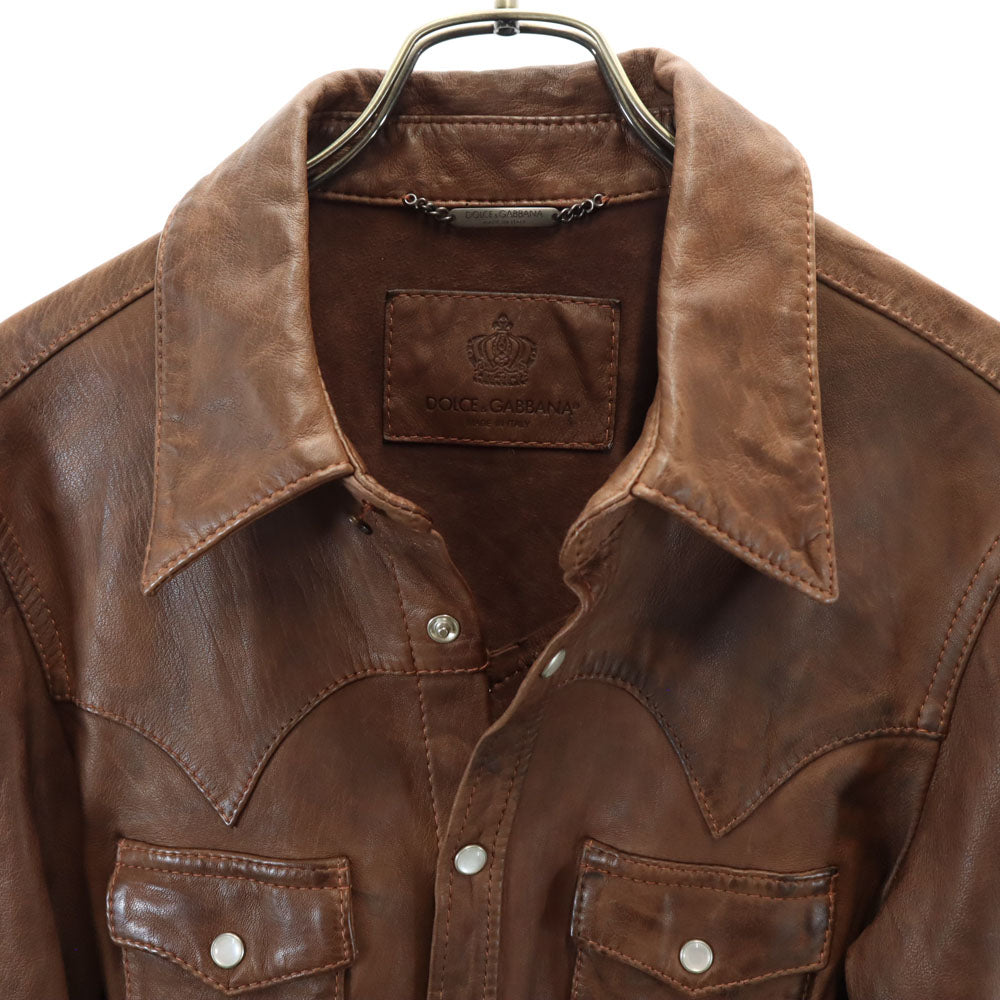 ドルチェアンドガッバーナ イタリア製 長袖 ラムレザー ウエスタンシャツ 48 ブラウン DOLCE&GABBANA メンズ