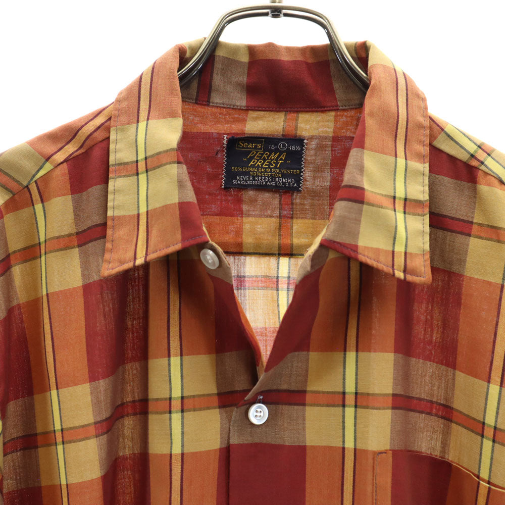Sears シアーズ 60s ヴィンテージ ボックスカット チェック柄 長袖 シャツ L オレンジ系 ビッグサイズ メンズ