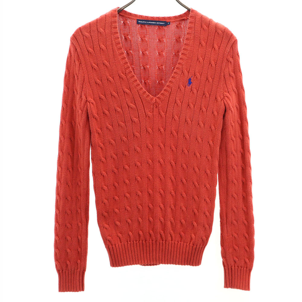RALPH LAUREN SPORT ラルフローレンスポーツ 長袖 ケーブル編み Vネック セーター M 朱色 ニット レディース