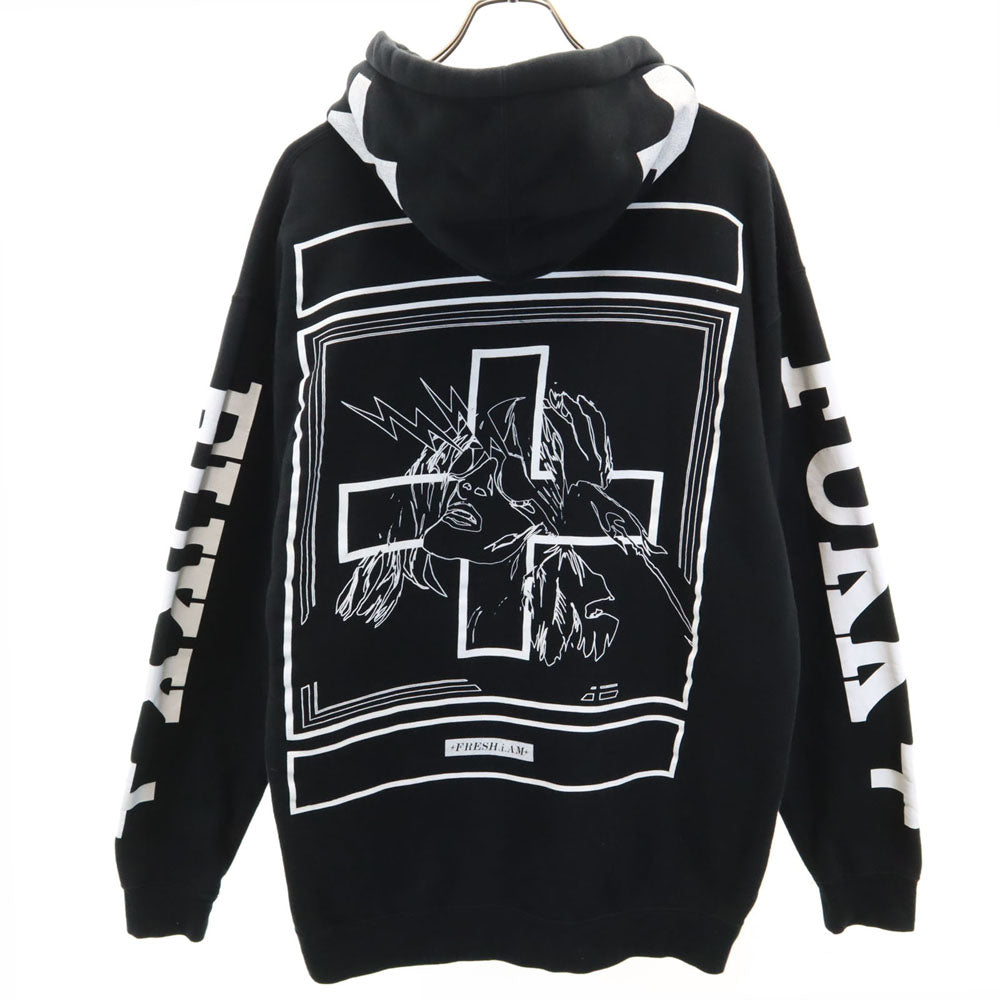 フレッシュアイアム バックプリント 長袖 スウェットパーカー M ブラック 裏起毛 メンズ