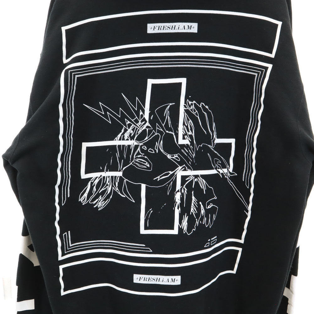 フレッシュアイアム バックプリント 長袖 スウェットパーカー M ブラック 裏起毛 メンズ