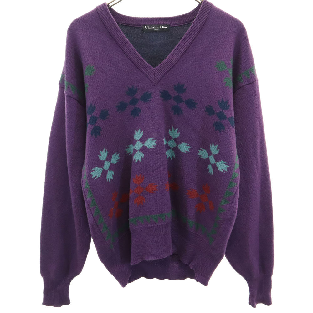 Christian Dior クリスチャンディオール 90s ウール オールド 長袖 Vネック セーター M パープル系 SPORTS ニット メンズ