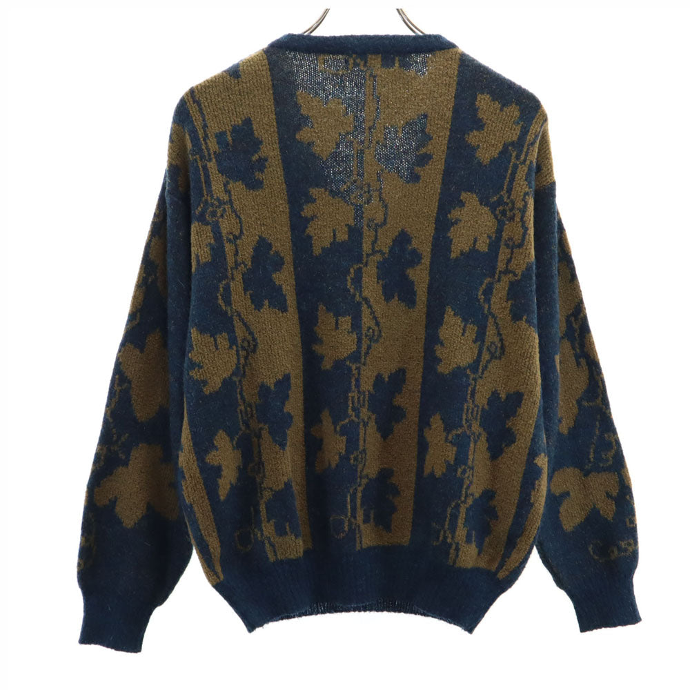 LANVIN STUDIO ランバンスタジオ 80s 90s イタリア製 ウールブレンド オールド モヘアブレンド リーフ柄 長袖 Vネック セーター 46 ネイビー 他 ニット メンズ