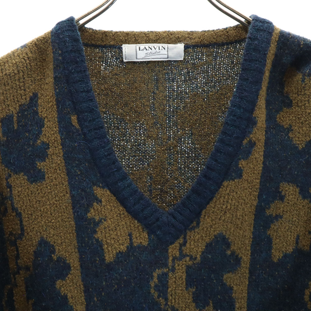 LANVIN STUDIO ランバンスタジオ 80s 90s イタリア製 ウールブレンド オールド モヘアブレンド リーフ柄 長袖 Vネック セーター 46 ネイビー 他 ニット メンズ