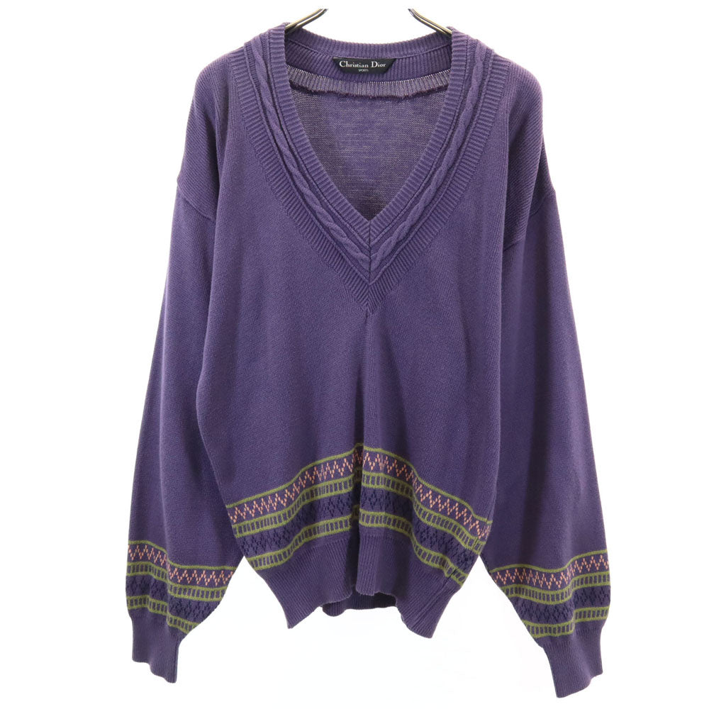Christian Dior SPORTS クリスチャンディオールスポーツ 90s オールド コットンニット 長袖 Vネック セーター パープル ニット レディース