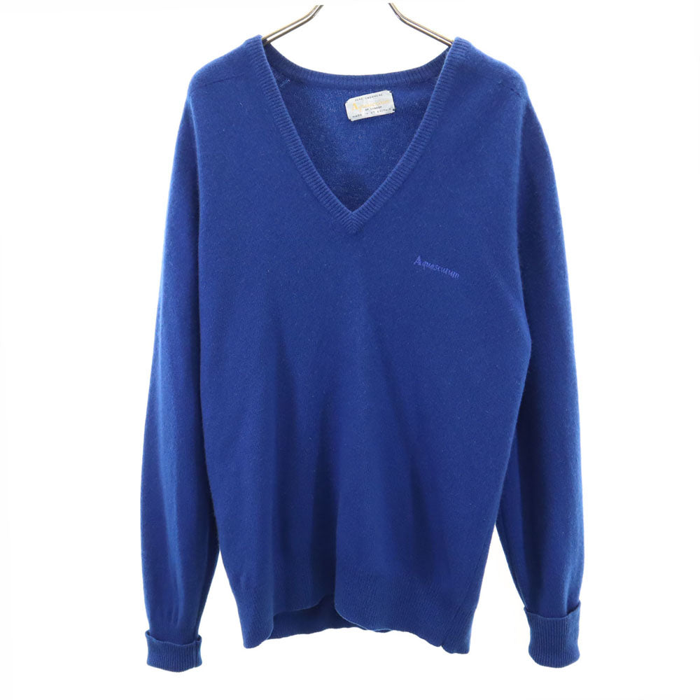 Aquascutum アクアスキュータム 70s 80s カシミヤ100% ヴィンテージ 長袖 Vネック セーター 青紺 ニット レディース