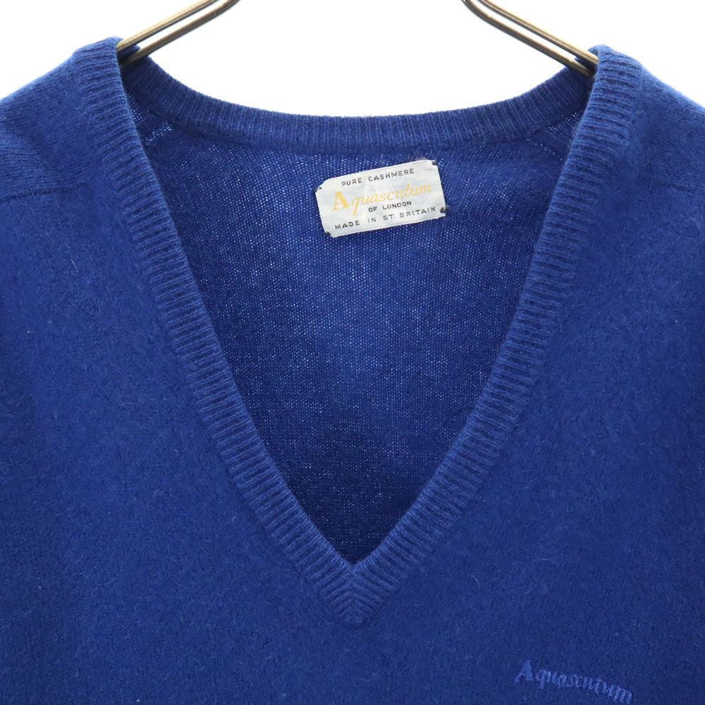 Aquascutum アクアスキュータム 70s 80s カシミヤ100% ヴィンテージ 長袖 Vネック セーター 青紺 ニット レディース