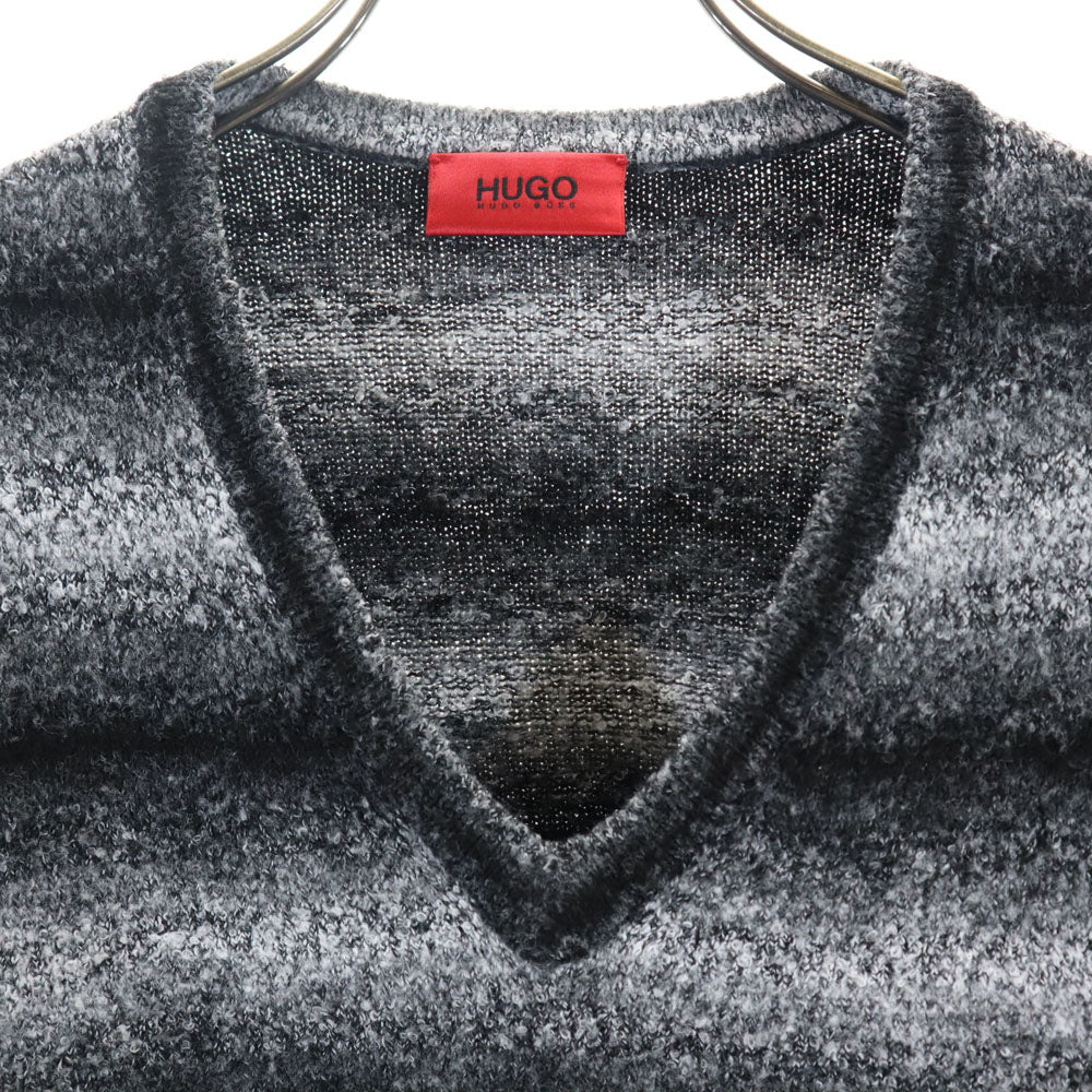 HUGO BOSS ヒューゴボス ボーダー柄 長袖 Vネック セーター S グレー ニット メンズ