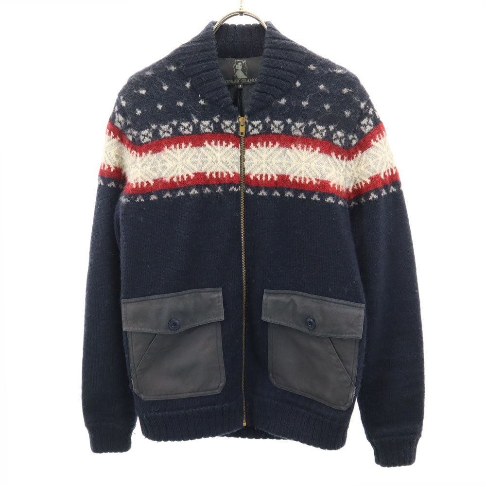 HYSTERIC GLAMOUR ヒステリックグラマー ノルディック柄 ニットジャケット S ネイビー ブルゾン メンズ