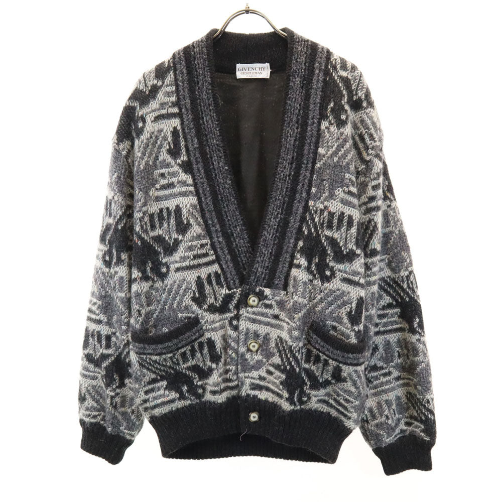 ジバンシイ ジェントルマン 80s 90s イタリア製 アルパカブレンド オールド 総柄 長袖 Vネック ニットカーディガン 46 グレー メンズ