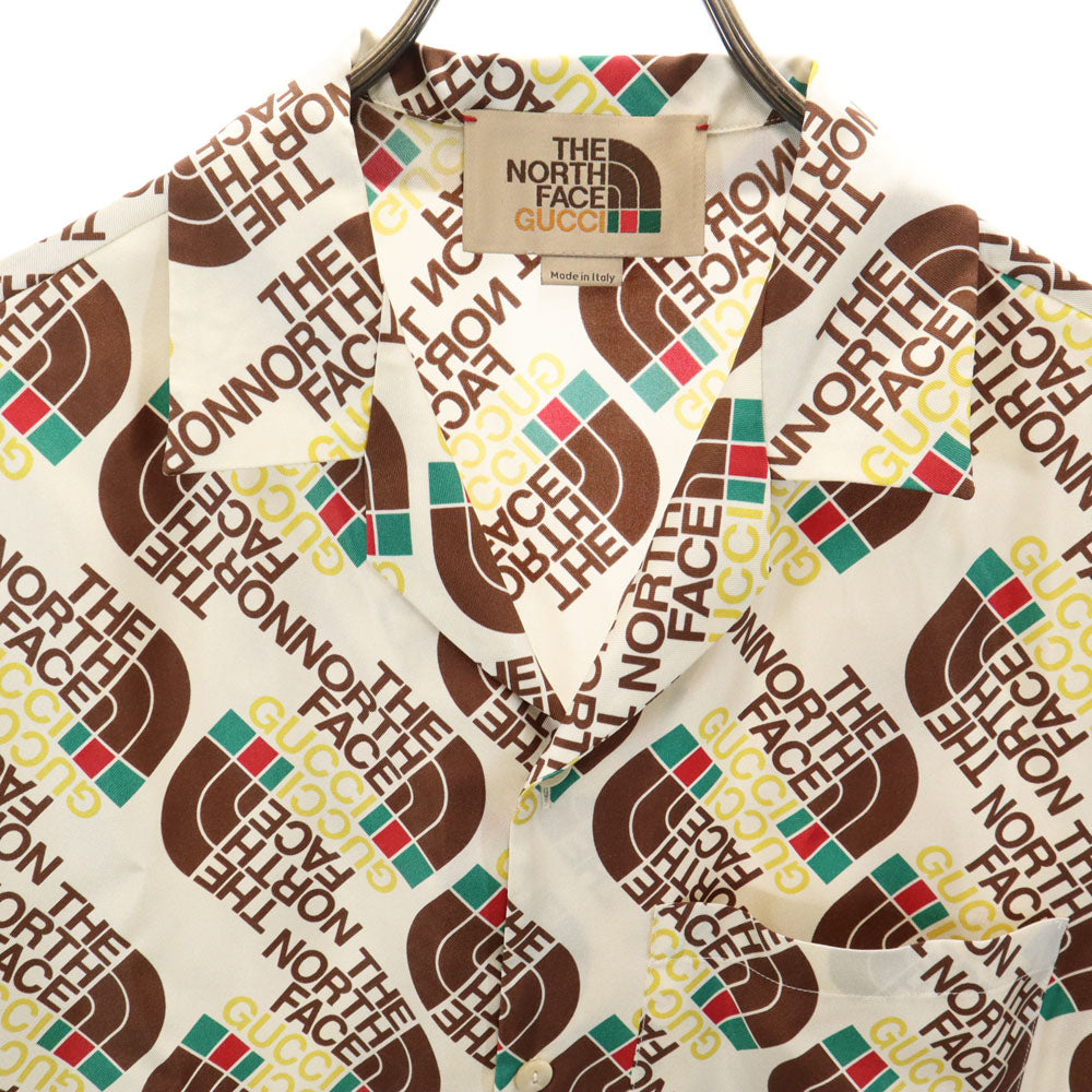 未使用 GUCCI グッチ イタリア製 ノースフェイス コラボ シルク 総ロゴ 半袖 シャツ 46 アイボリー系 x THE NORTH FACE 箱付き メンズ