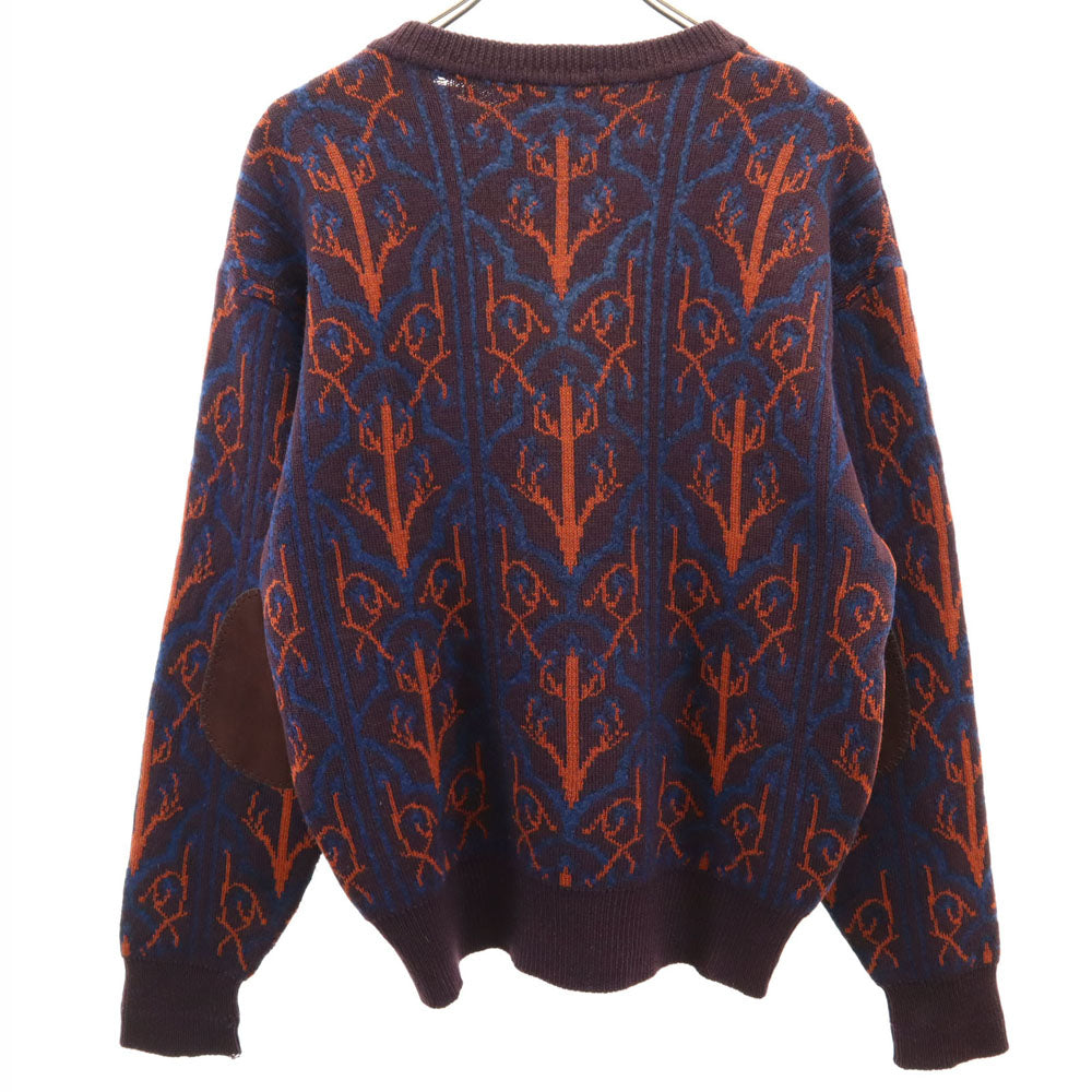 イヴサンローラン 80s 90s オールド 総柄 長袖 セーター L 赤茶系 YVES SAINT LAURENT ニット エルボーパッチ メンズ