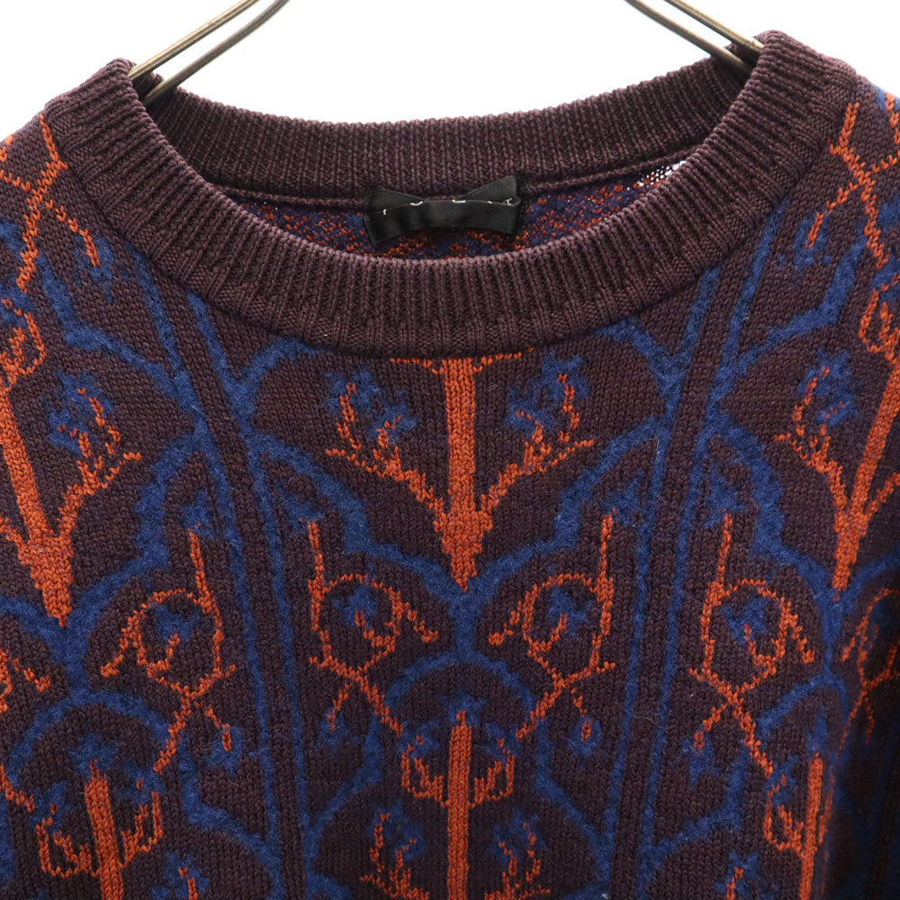 イヴサンローラン 80s 90s オールド 総柄 長袖 セーター L 赤茶系 YVES SAINT LAURENT ニット エルボーパッチ メンズ