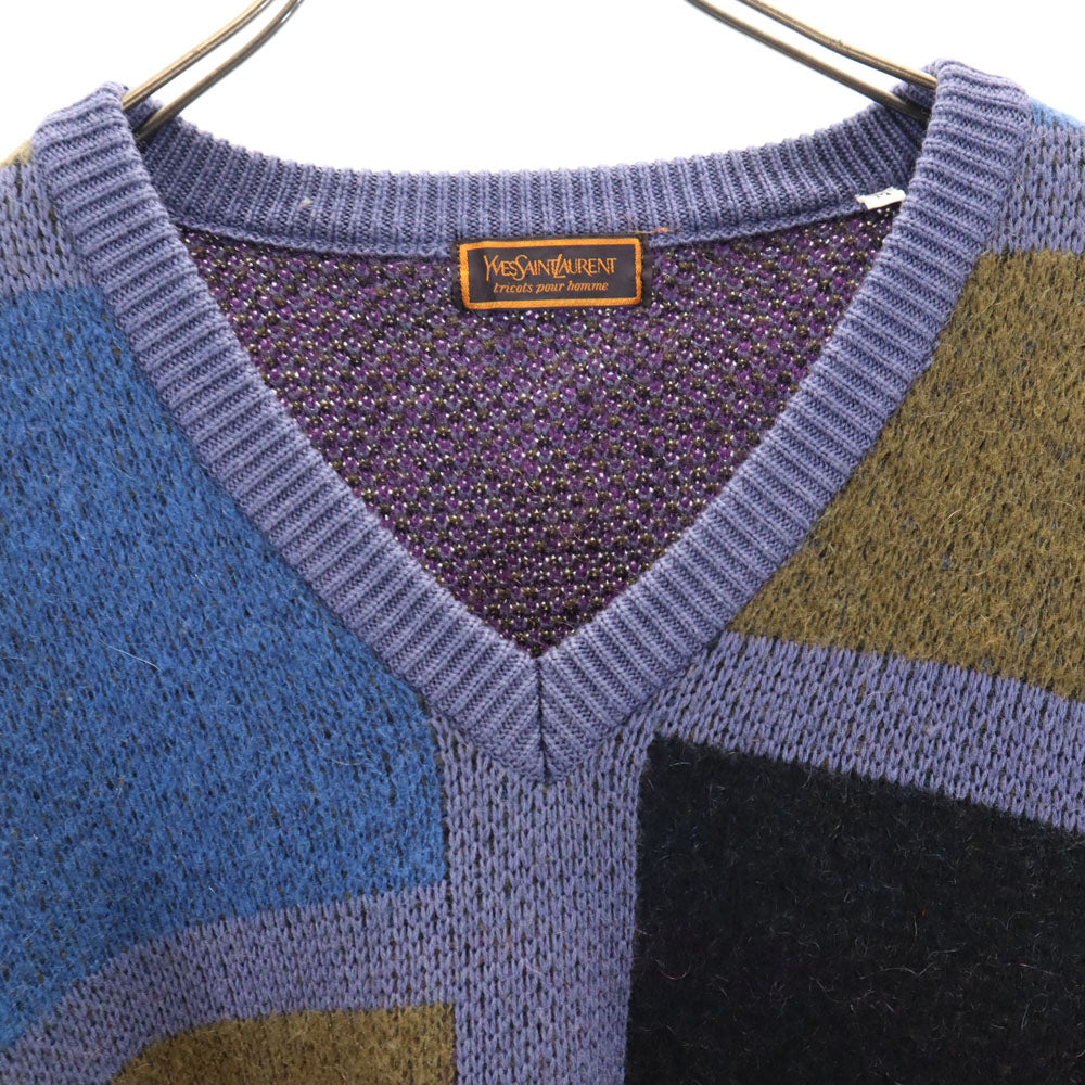 YVES SAINT LAURENT イヴサンローラン 80s 90s ウールブレンド オールド 長袖 Vネック セーター M ネイビー tricots pour homme ニット 厚手 メンズ