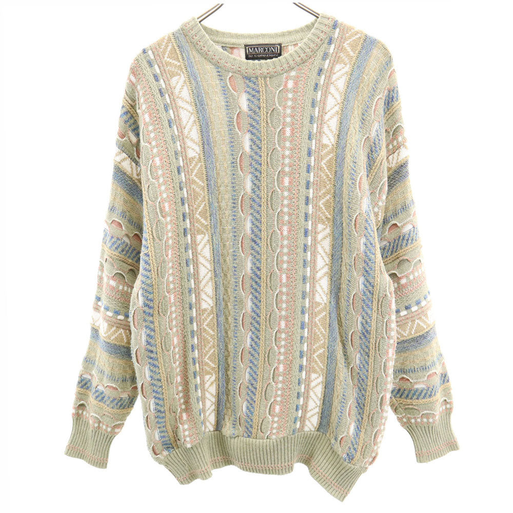 MARCONI 90s ブルガリア製 オールド 総柄 長袖 セーター L カーキ系 ニット 3D メンズ