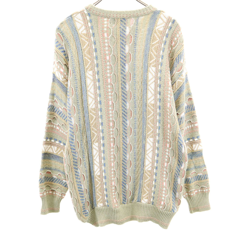 MARCONI 90s ブルガリア製 オールド 総柄 長袖 セーター L カーキ系 ニット 3D メンズ