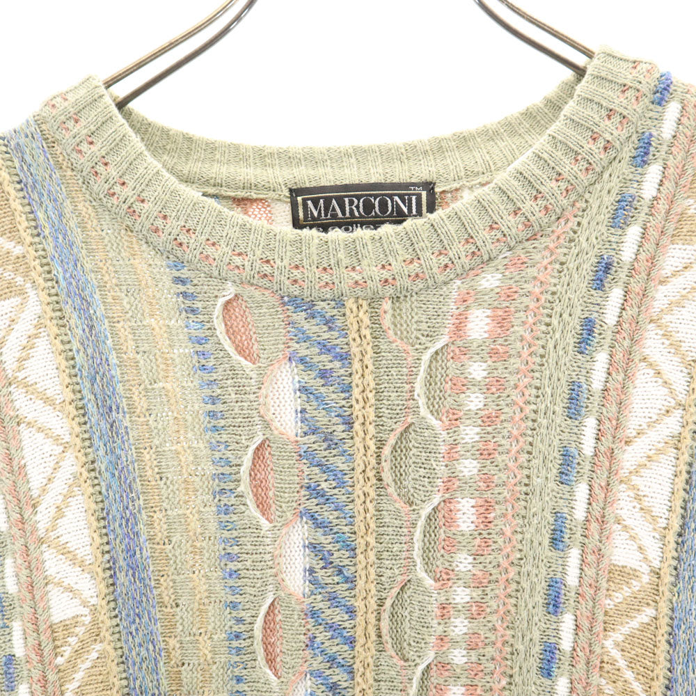 MARCONI 90s ブルガリア製 オールド 総柄 長袖 セーター L カーキ系 ニット 3D メンズ