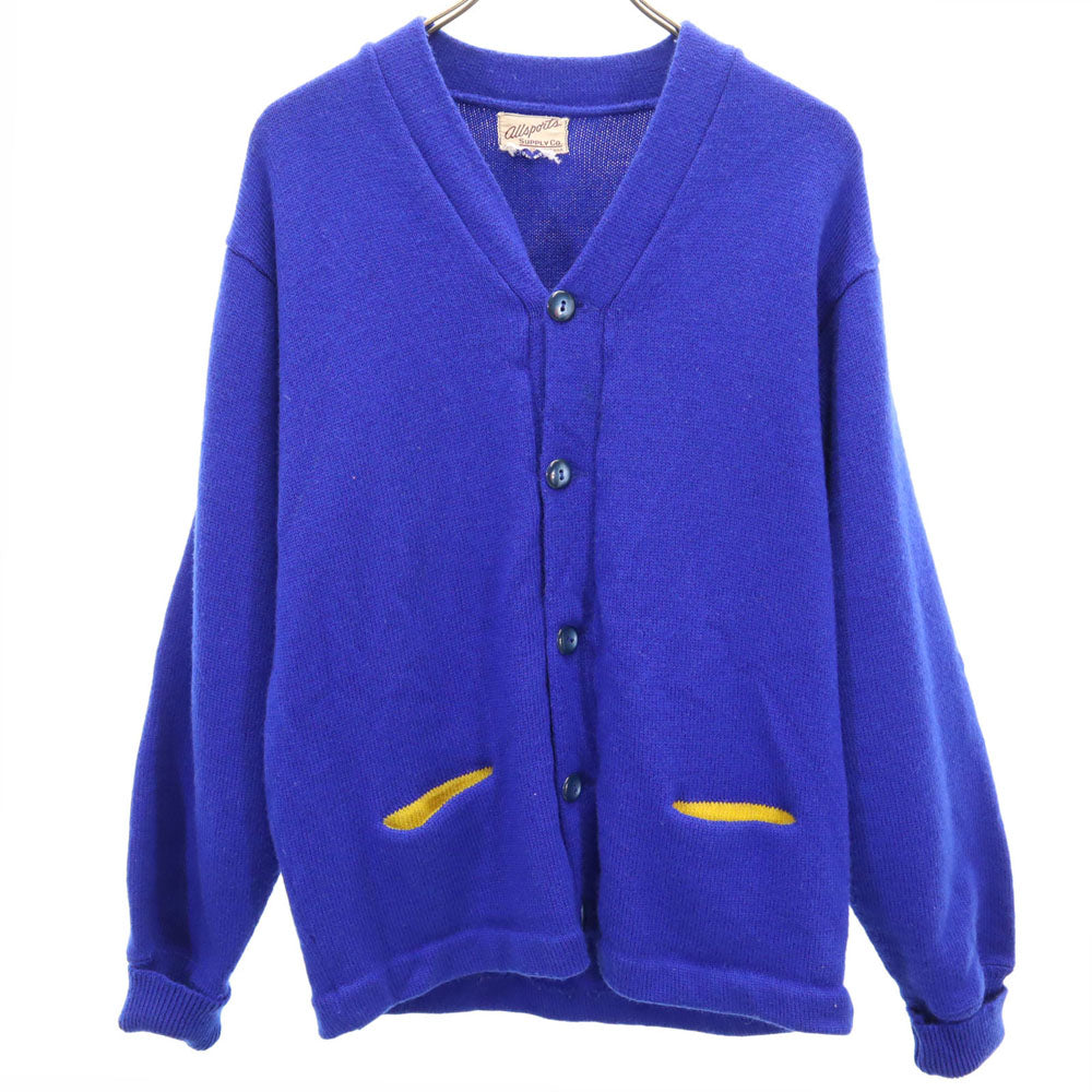 ALL SPORTS オールスポーツ 70s ヴィンテージ レタード 長袖 Vネック ニットカーディガン 群青色 メンズ