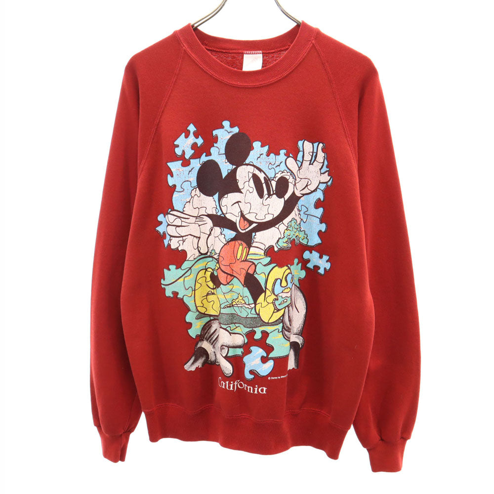 JERZEES ジャージーズ 90s USA製 オールド パズル ミッキーマウス 長袖 スウェット トレーナー L レッド Disney ディズニー クラック加工 メンズ