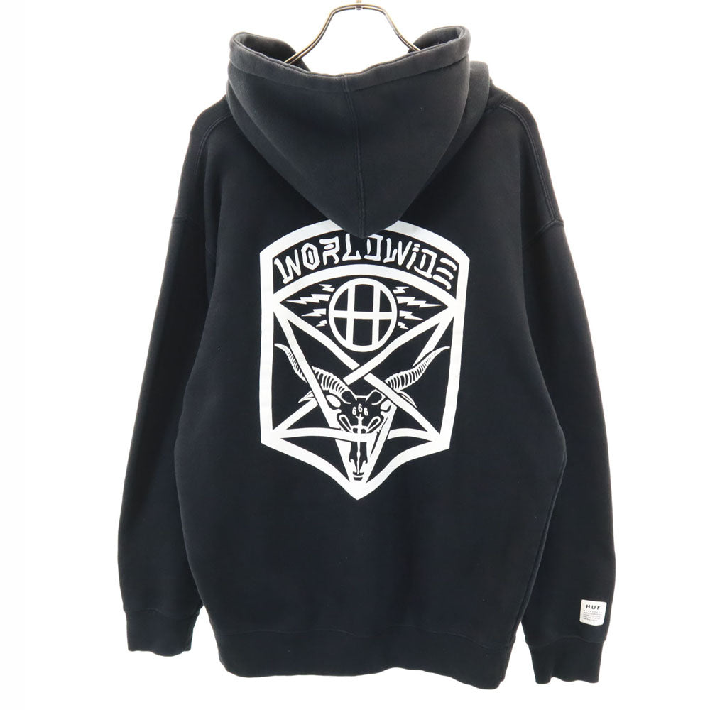 HUF ハフ × スラッシャー コラボ バックプリント 長袖 スウェットパーカー M ブラック × THRASHER 裏起毛 プルオーバー メンズ