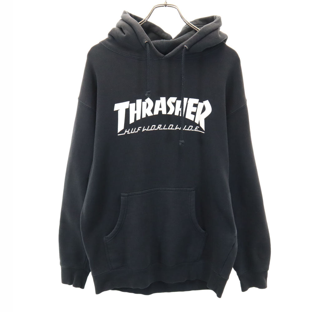 HUF ハフ × スラッシャー コラボ バックプリント 長袖 スウェットパーカー M ブラック × THRASHER 裏起毛 プルオーバー メンズ
