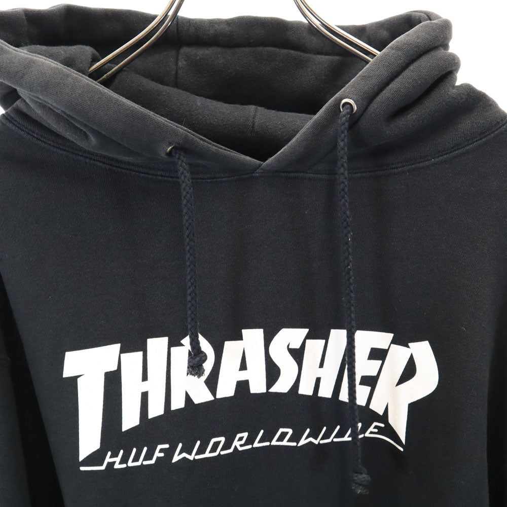 HUF ハフ × スラッシャー コラボ バックプリント 長袖 スウェットパーカー M ブラック × THRASHER 裏起毛 プルオーバー メンズ