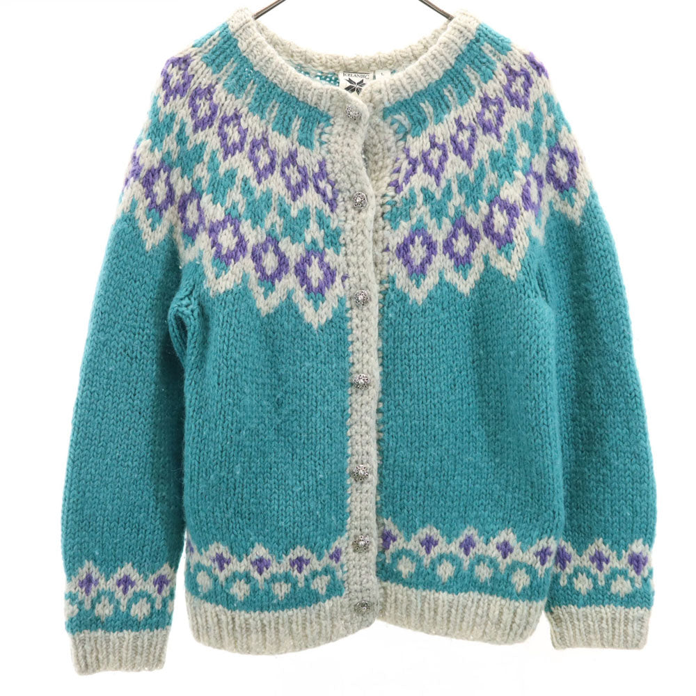 ICELANDIC DESIGN 90s オールド フェアアイル柄 長袖 ニットカーディガン L エメラルドグリーン ICELANDIC DESIGN レディース
