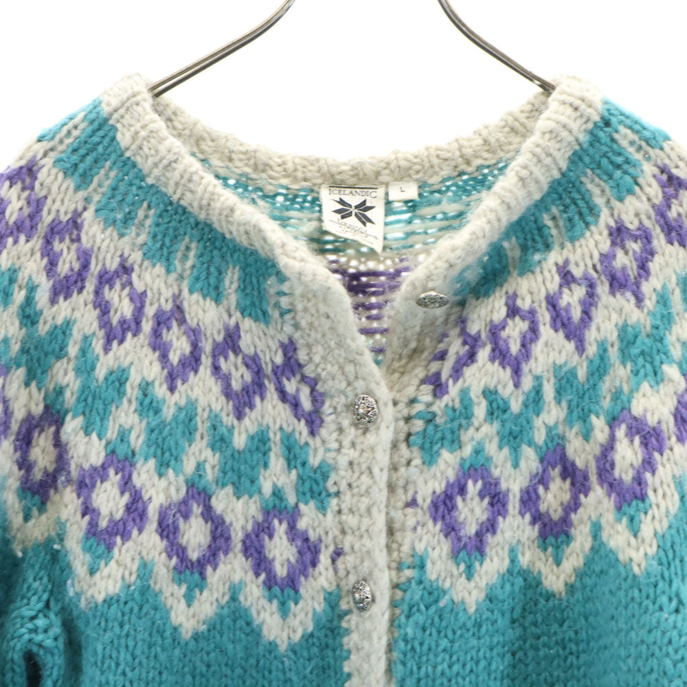 ICELANDIC DESIGN 90s オールド フェアアイル柄 長袖 ニットカーディガン L エメラルドグリーン ICELANDIC DESIGN レディース