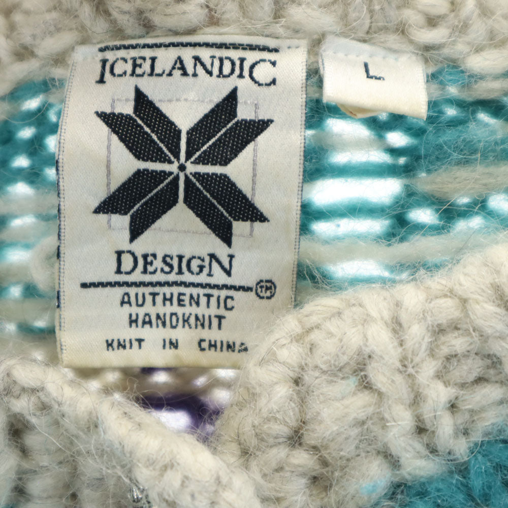 ICELANDIC DESIGN 90s オールド フェアアイル柄 長袖 ニットカーディガン L エメラルドグリーン ICELANDIC DESIGN レディース