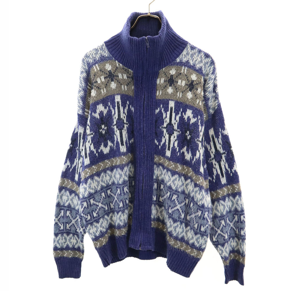 LONDON FOG ロンドンフォグ 70s 80s USA製 ノルディック柄 ハイネック ニットジャケット L ネイビー 他 オールド ヴィンテージ メンズ