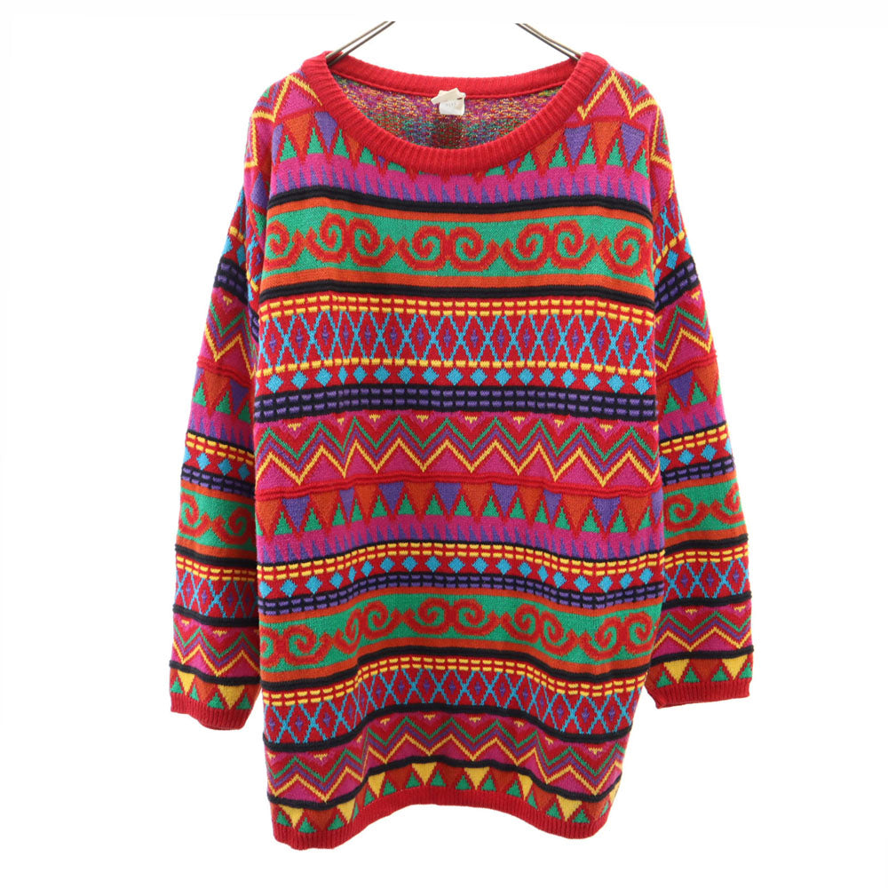 Clifford&Willis クリフォードアンドウィルス 80s 90s USA製 オールド 総柄 長袖 コットンニット セーター M レッド系 メンズ