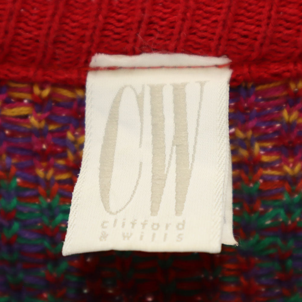 Clifford&Willis クリフォードアンドウィルス 80s 90s USA製 オールド 総柄 長袖 コットンニット セーター M レッド系 メンズ