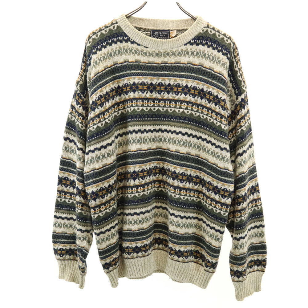 PECONIC BAY TRADERS 80s USA製 ヴィンテージ 総柄 長袖 コットンニット セーター L グリーン系 メンズ