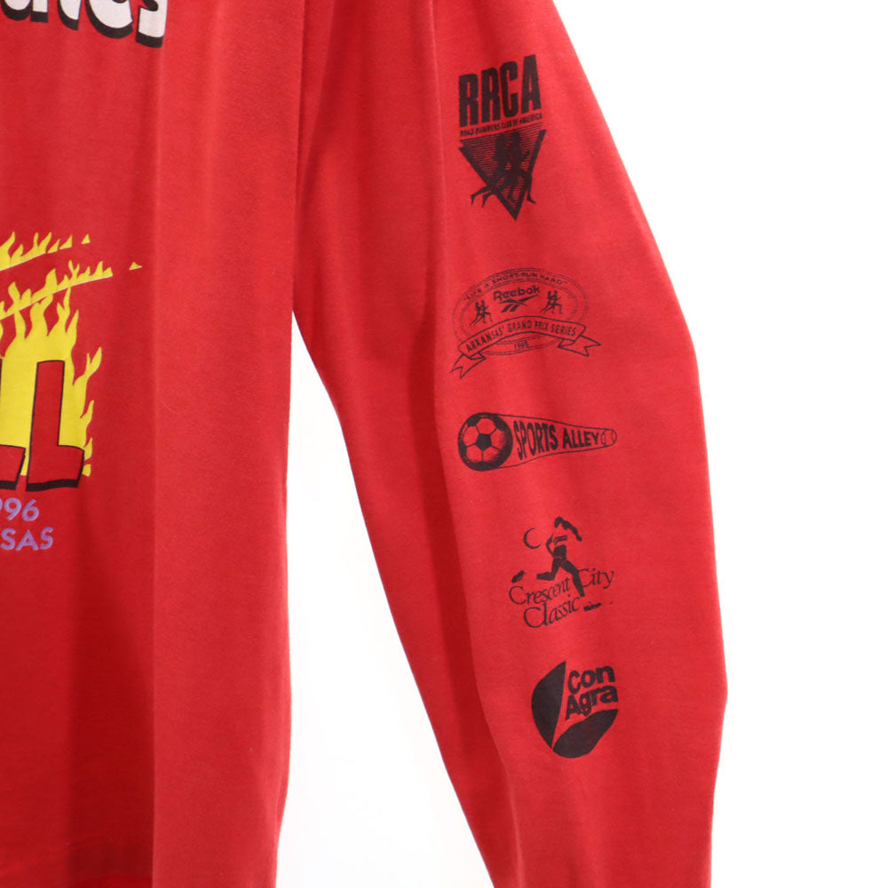 ベスト 90s USA製 オールド 長袖 袖プリント シングルステッチ Tシャツ XL 赤 フルーツオブザルーム ロンT メンズ