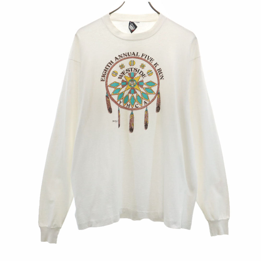 SCREEN STARS BEST スクリーンスターズベスト 90s USA製 オールド ネイティブプリント 長袖 シングルステッチ Tシャツ XL ホワイト ロンT ドリームキャッチャー フルーツオブザルーム メンズ