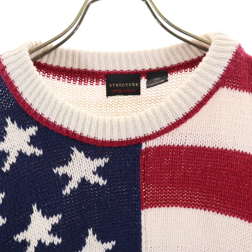 STRUCTURE ストラクチャー 90s USA製 オールド 星条旗柄 長袖 コットンニット セーター M ホワイト 他 メンズ