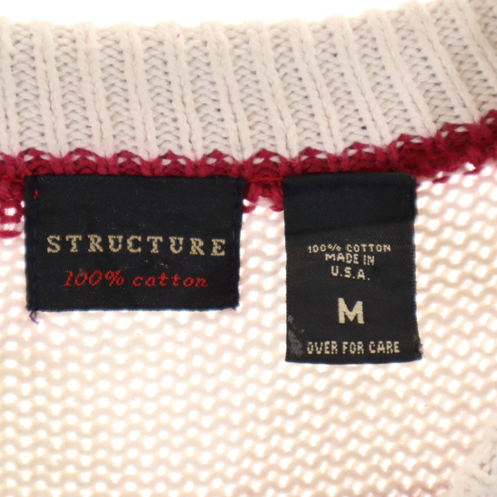 STRUCTURE ストラクチャー 90s USA製 オールド 星条旗柄 長袖 コットンニット セーター M ホワイト 他 メンズ