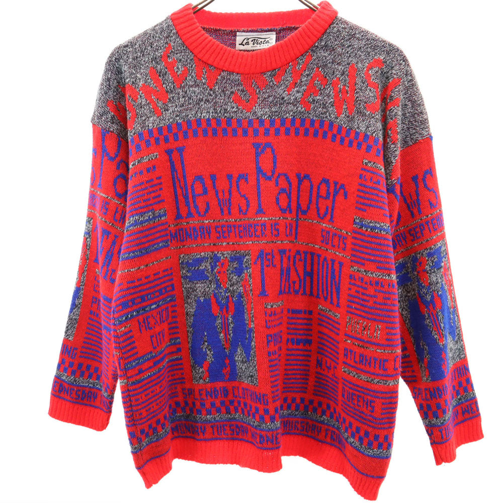La Vista 80s 90s アクリル オールド USA製 総柄 長袖 セーター 赤系 ニット メンズ