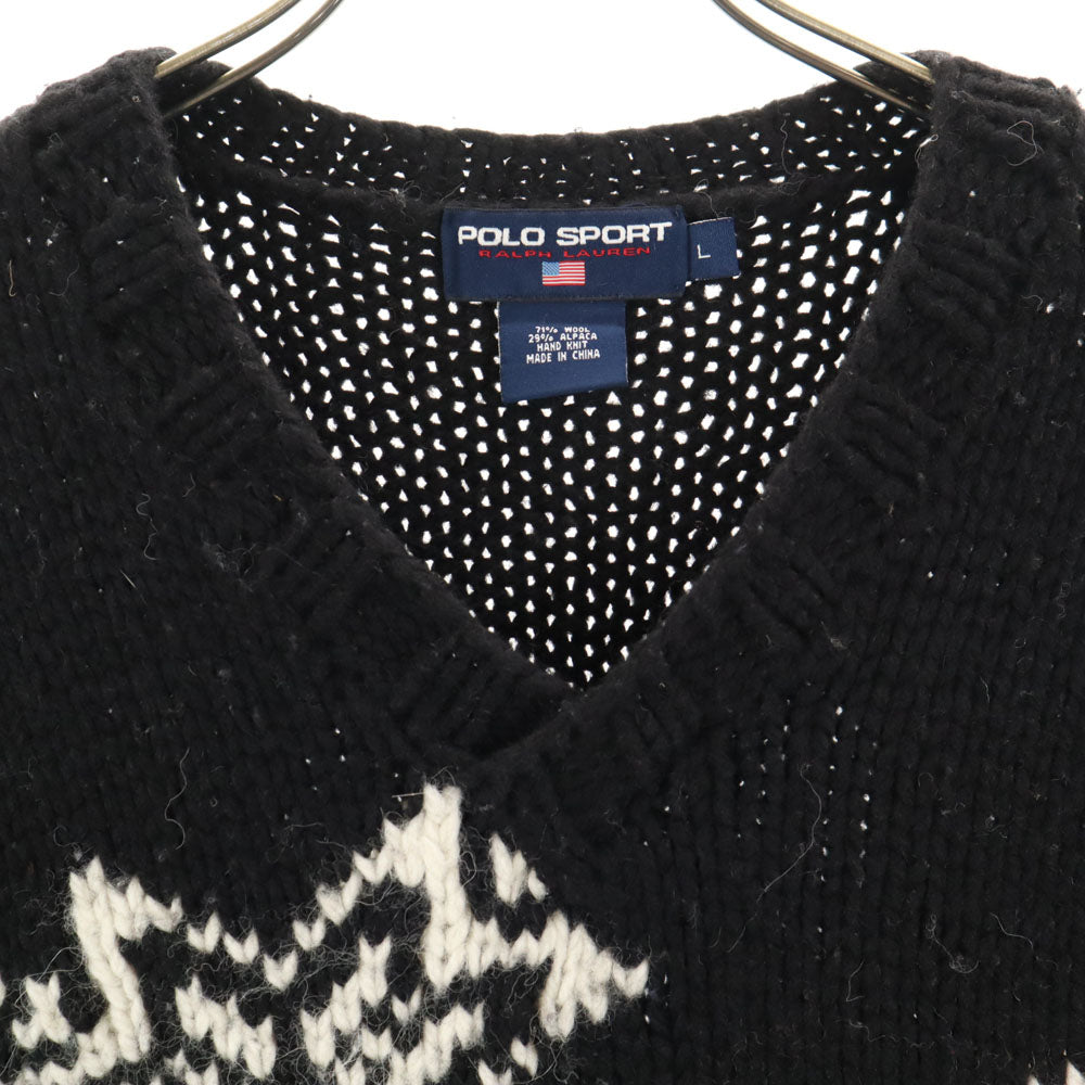 POLO SPORT RALPH LAUREN ポロスポーツラルフローレン ウールブレンド ハンドニット 長袖 Vネック セーター L ブラック ハンドニット メンズ