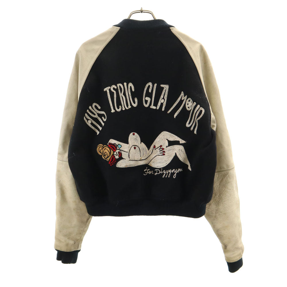 HYSTERIC GLAMOUR ヒステリックグラマー 80s 袖レザー ウールブレンド ヴィンテージ バック刺繍 スタジャン FREE ブラック系 メンズ