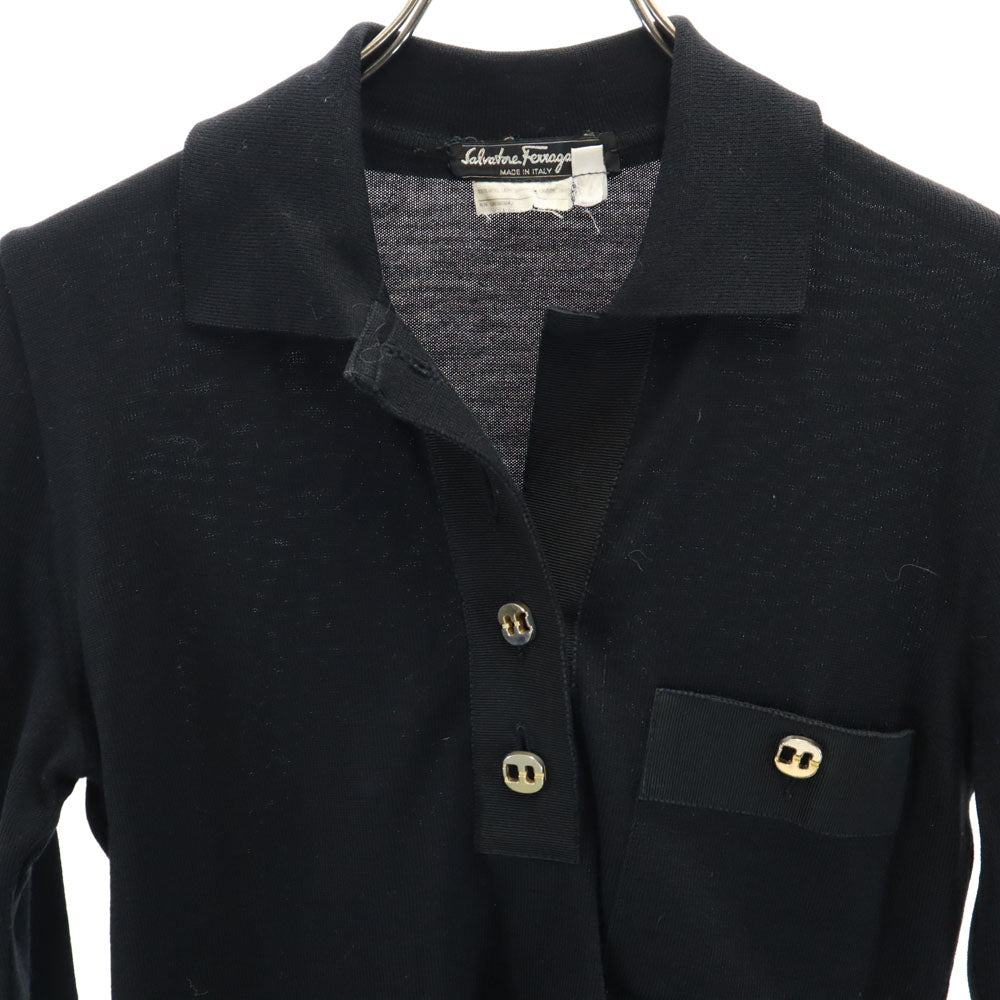 Salvatore Ferragamo サルヴァトーレフェラガモ 90s イタリア製 ウール100% オールド 長袖 ポロシャツ XS ブラック レディース