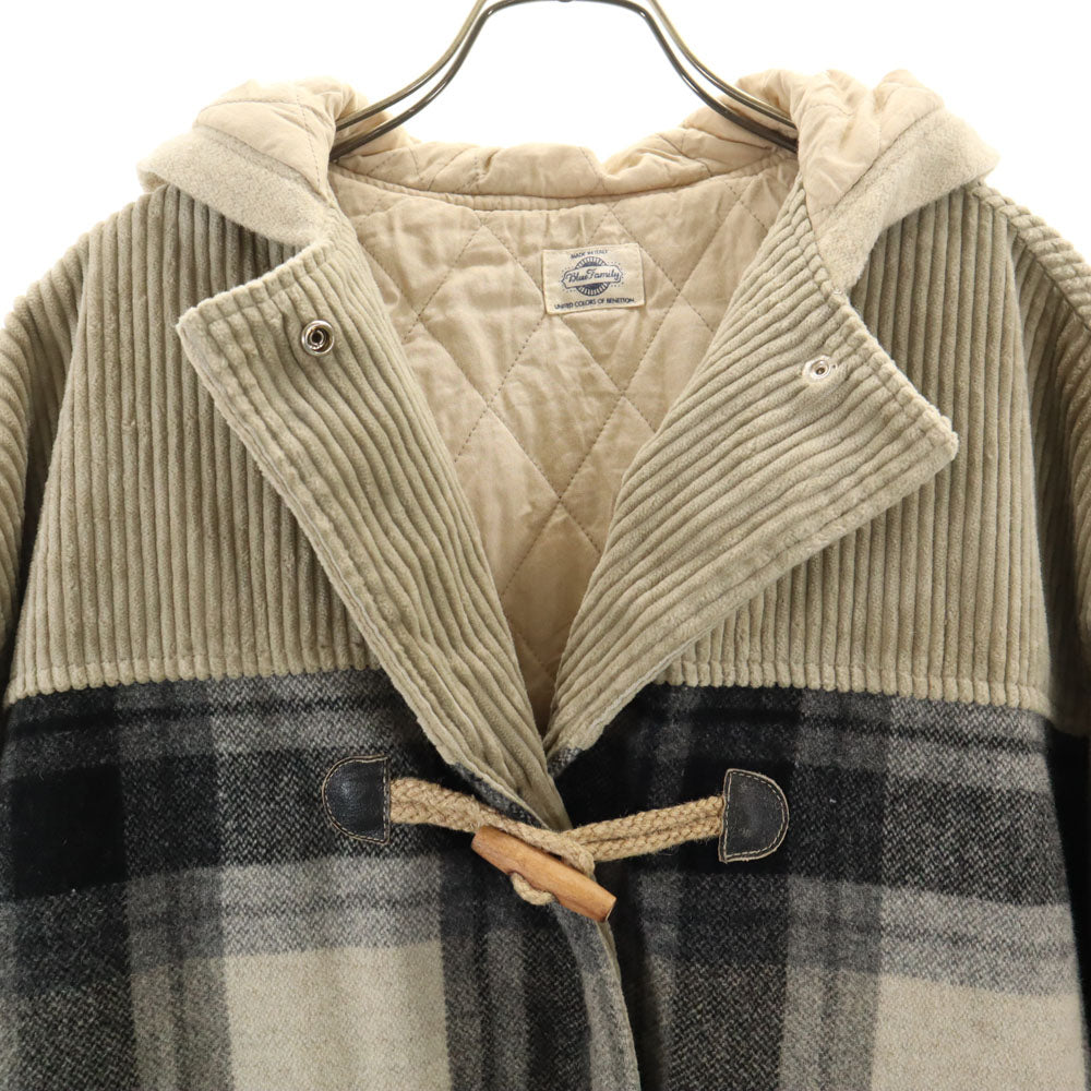 ブルーファミリー イタリア製 チェック柄 ダッフルコート 42 グレージュ 他 ベネトン 中綿入り レディース