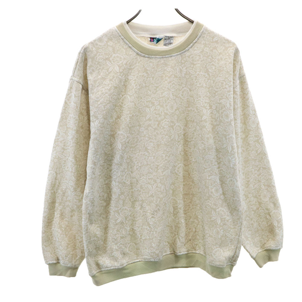 BOLO SPIRIT 90s オールド 総柄 長袖 スウェット トレーナー M ベージュ系 裏起毛 レディース