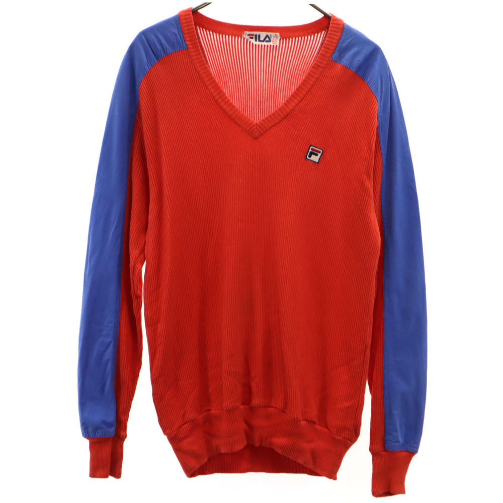 FILA フィラ 80s イタリア製 ヴィンテージ 長袖 Vネック ドッキング ニット I56 レッド系 メンズ