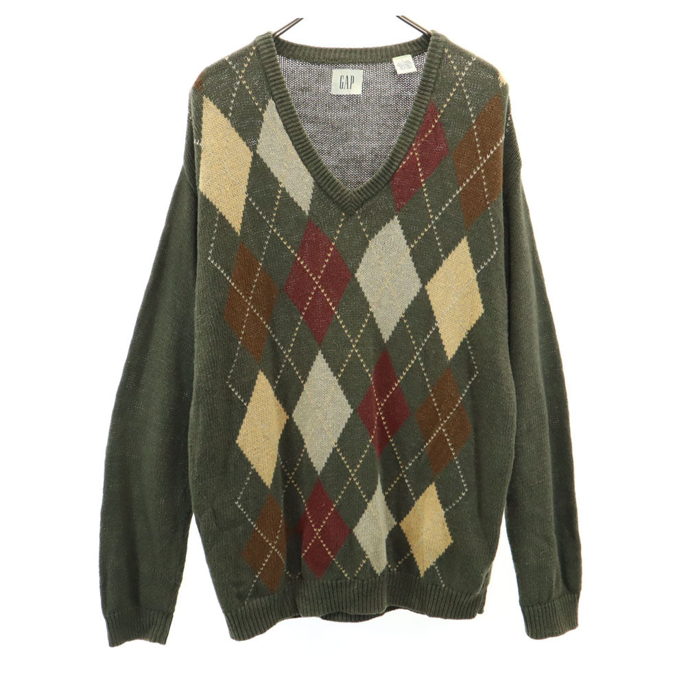 GAP ギャップ 90s リネンブレンド 白タグ オールド アーガイル 長袖 コットンニット セーター L グリーン系 メンズ