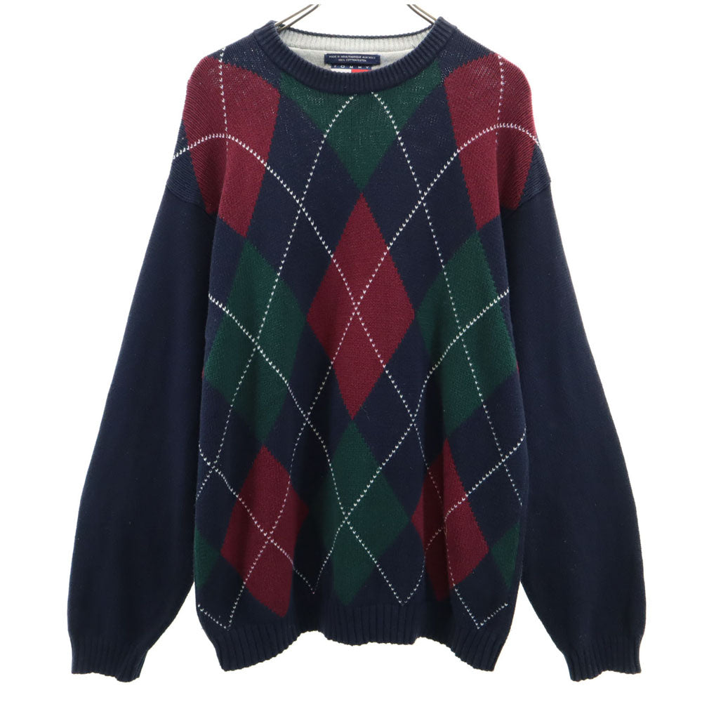 TOMMY HILFIGER トミーヒルフィガー 90s オールド フラッグタグ アーガイル柄 長袖 コットンニット セーター L ネイビー系 メンズ
