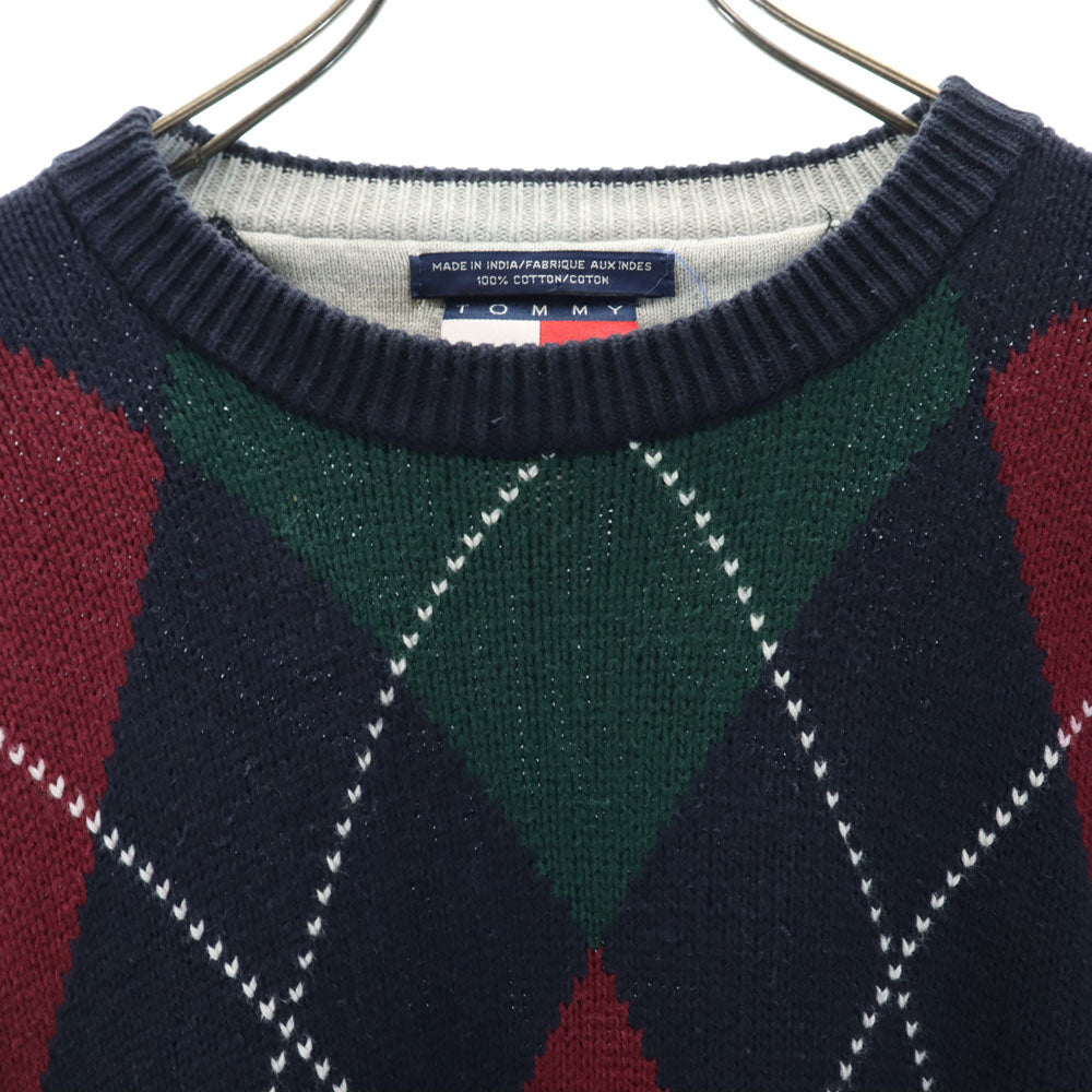 TOMMY HILFIGER トミーヒルフィガー 90s オールド フラッグタグ アーガイル柄 長袖 コットンニット セーター L ネイビー系 メンズ