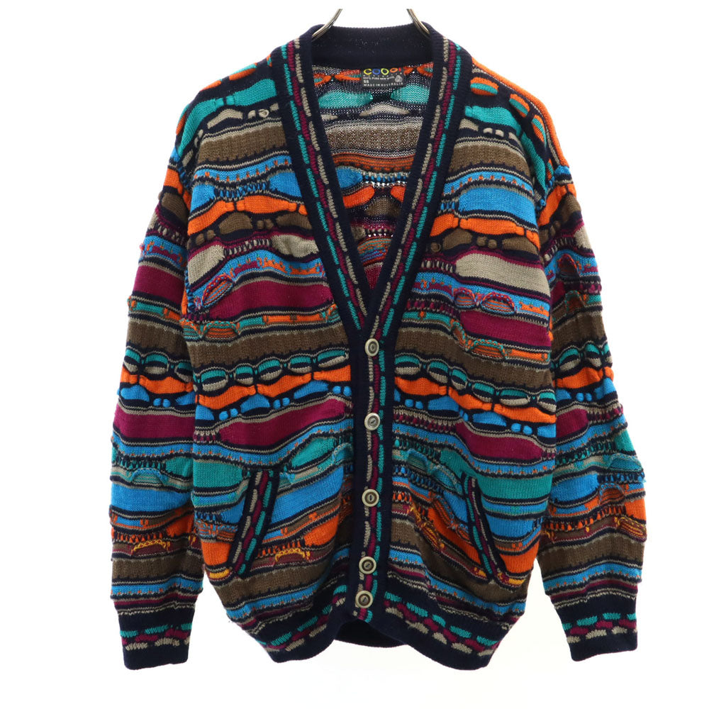 COOGI クージー 90s オールド オーストラリア製 総柄 長袖 Vネック 3D ニットカーディガン SS ブルー メンズ