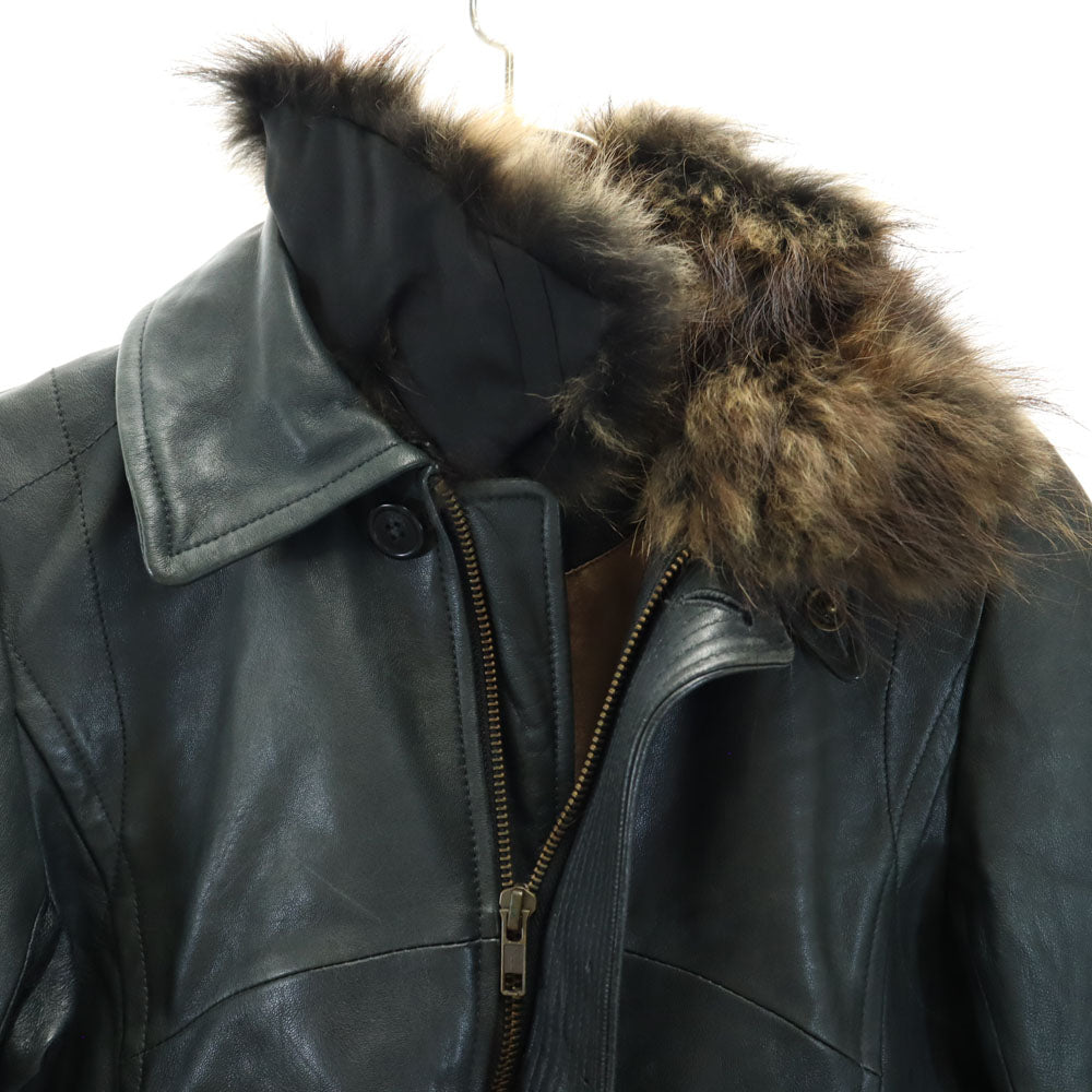pas de calais パドカレ レザージャケット 38 深緑系 ラクーンファー付き レディース