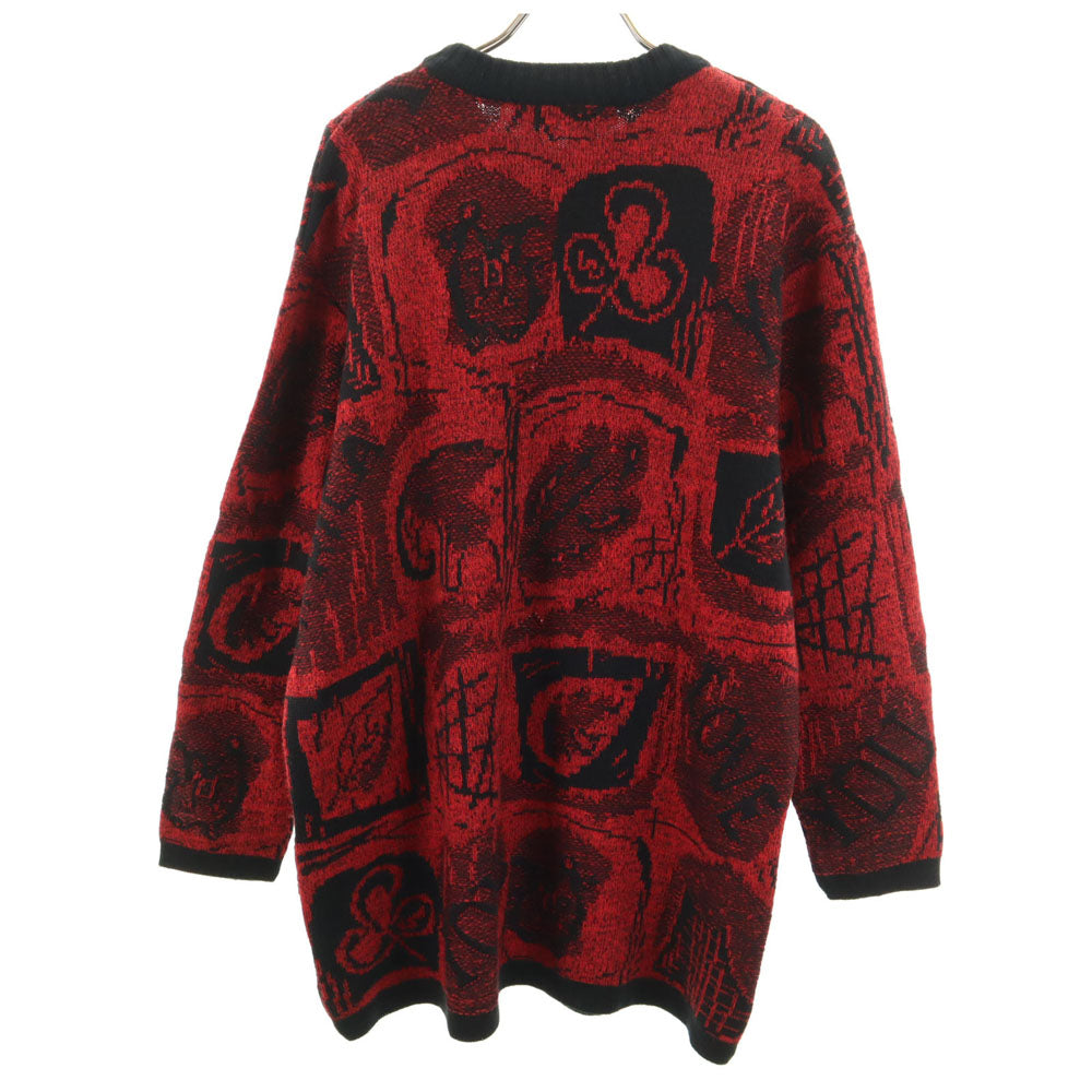 ハピネス 80s オールド イタリア製 ウールブレンド 総柄 長袖 セーター M レッド×ブラック ニット レディース